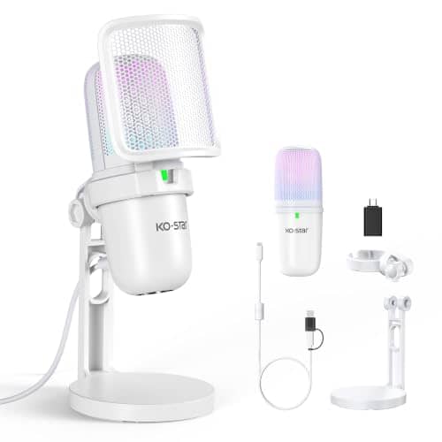 Ko-Star USB Microphone for PC,White Mini Mic for PS4/ PS5/ Mac,Computer Gaming Condenser with Quick Mute,RGB Streaming,Filter,Shock Mount,Recording Microphones for YouTube Titok