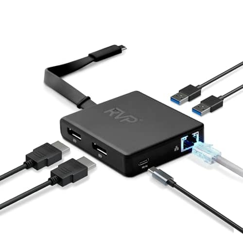 RVP+ USB C Docking Station Dual Monitor, 6-in-1, 100W Laptop-Charging, DisplayPort Multi-Stream Transport (MST), Ethernet, Compatible with Thunderbolt 3 Laptop (RVP-601)