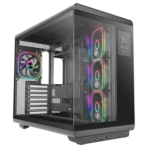 Mars Gaming MC-REVPRO, ATX PC Case, LCD Screen 4.3 Inches, Continuous Tempered Glass, 4 PWM ARGB Fans, Liquid Cooling up to 360 mm, Compatible Motherboards Reverse Connection, USB-C, Black