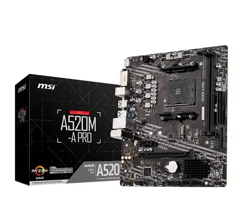 MSI A520M-A PRO Gaming Motherboard (AMD AM4, DDR4, PCIe 4.0, SATA 6Gb/s, Dual M.2, USB 3.2 Gen 1, DVI/HDMI, Micro-ATX)