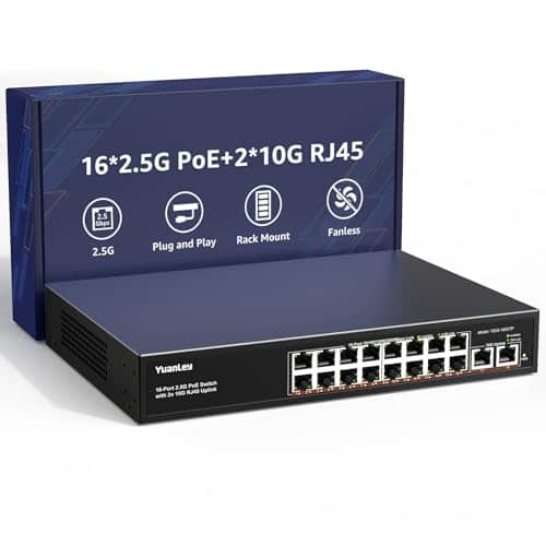 YuanLey 18 Port 2.5G PoE Switch Unmanaged, 16 x 2.5G Base-T PoE Ports, 2 x 10G RJ45 UpLink, IEEE802.3af/at, 250W, Compatible with 100/1000/2500Mbps, Metal Case, 2.5Gbe Network Switch
