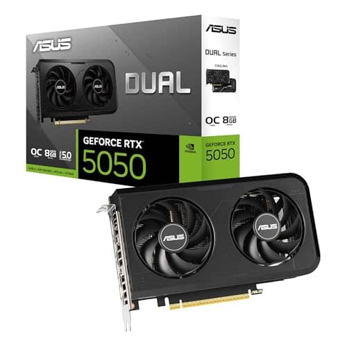 ASUS Dual GeForce RTX 5050 8GB GDDR6 OC Edition Gaming Graphics Card (Nvidia GeForce RTX5060 DLSS 4, 2.5-Slot Design, PCIe 5.0, 3X DisplayPort 2.1b, 1x HDMI 2.1b, DUAL-RTX5050-O8G)