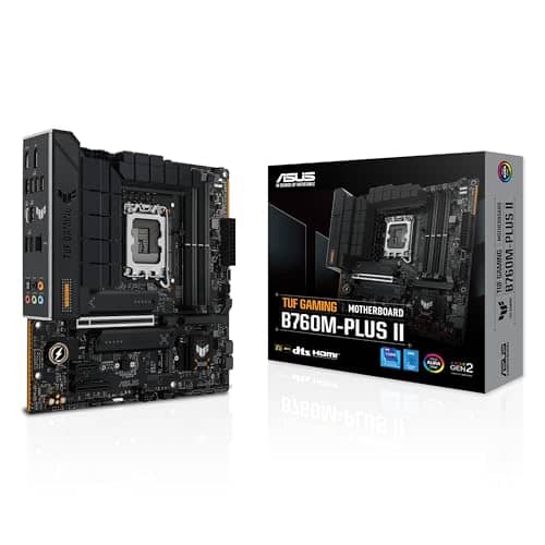 ASUS TUF Gaming B760M-PLUS II Intel B760 LGA 1700 mATX Motherboard (PCIe 5.0, M.2 4.0, DDR5, 2.5Gb Ethernet, DP, HDMI, SATA 6Gbps, USB Type-C, Thunderbolt (USB4), Aura Sync)