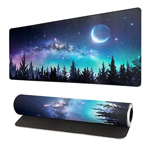 Extended Gaming Mouse Pad, XL Large Keyboard Mouse Mat Desk Pad, Stitched Edges Mousepad, 3mm Thick Long Non-Slip Rubber Base Mice Pad, 31.5 X 11.8 Inch, Forest Moon Galaxy