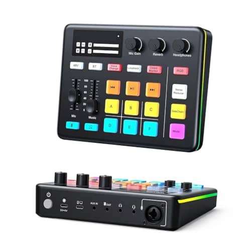 Gaming Audio Mixer for PC and PS5 Professional Audio Interface with 48V Phantom Power and RGB Lighting Effects Sound Board with Bluetooth for Podcasting Live Streaming and Voice Changing