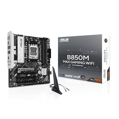 ASUS B850M MAX Gaming Wi-Fi AMD mAMD ATX Motherboard, 8+2+1 Power Stages, DDR5 Slot, PCIe 5.0 Ready, 3 M.2 Slots, Wi-Fi 6, 1 Gb Ethernet, USB-A, USB-C, HDMI, BIOS Flashback and Aura Sync, Black