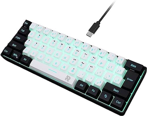 ROCK POW 60% Wired Gaming Keyboard, RGB Backlit Ultra-Compact Mini Keyboard, Waterproof Small Compact 61 Keys for PC/Mac Gamer, Typist, Travel, Easy to Carry on Business Trip(Black-White)