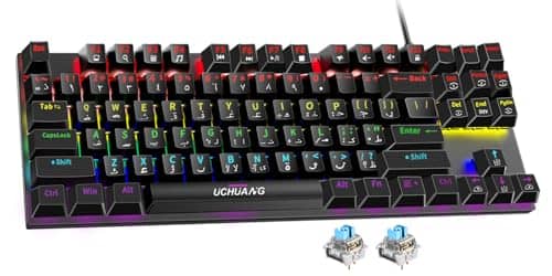 UCHUANG English Arabic Mechanical Gaming Keyboard with RGB LED Rainbow Backlit, Hot Swappable Blue Switch, Quick Response USB Wired 87 Keys Keyboard for Windows/MacOS/Android PC Gamers - Black