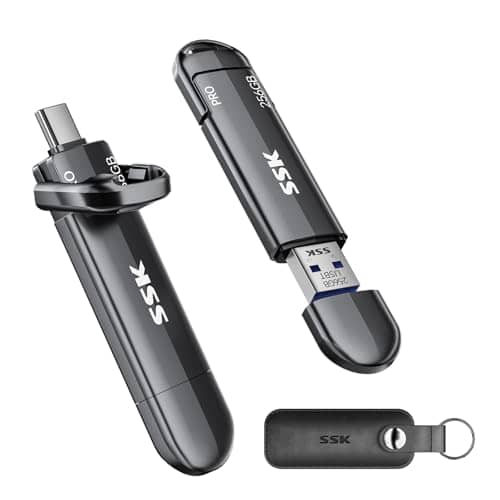 SSK 256GB External SSD Dual USB Drive Up to 1000MB/s, Type C+USB-A Portable SSD, USB 3.2 Gen 2 Memory Stick in Zinc Alloy for iPhone 15/16 Pro, Mac, PC, Android OTG Storage