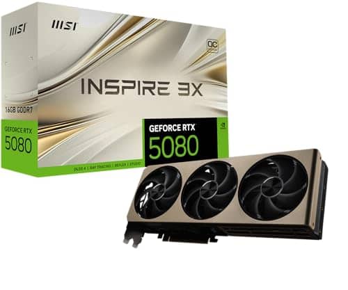 MSI Gaming RTX 5080 16G Inspire 3X OC Graphics Card (16GB GDDR7, 256-bit, Extreme Clock TBD MHz, DisplayPort x 3 2.1a, HDMI 2.1b, NVIDIA Blackwell Architecture)