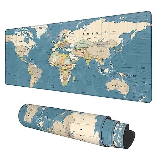 KOAIWPAE Desk Mat, Blue Vintage World Map Extended Gaming Mouse Pad Large, 31.5"x11.8" Big Mouse Pad with Non-Slip Base and Stitched Edge, Long Computer Keyboard Mouse Mat for Home Office Work