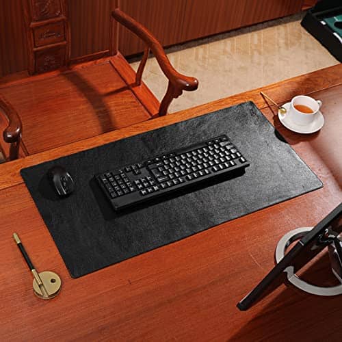 Large Waterproof Genuine Leather Desk Pad Protector with Extended Gaming Mouse Pad Non Slip Office Writing Desk Mat for Computer Home Soft and Durable (Black 50x90cm)