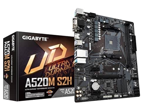 GIGABYTE A520M S2H Motherboard - Supports AMD Ryzen 5000 Series AM4 Processors, 4+3 Phase Pure Digital VRM, Up to 5100MHz DDR4 (OC), PCIe 3.0 x4 M.2, GbE LAN, USB 3.2 Gen 1