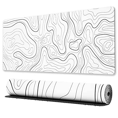 Large Gaming Mouse Pad with Stitched Edges, Minimalist Topographic Map Desk Mat, Extended XL Mousepad with Anti-Slip Base, Cool Desk Pad for Keyboard and Mouse, 31.5 x 11.8 in, White