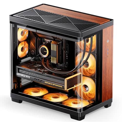 ​JONSBO TK-4 Wood ATX PC Case,Mid Tower Computer Case,Bi-Bent Surround View Glass,Aluminum Alloy, Standard 6 * 140mm + 2 * 92mm Fan,ATX SP Back-Connect(BTF) MB /460GPU/200PSU,Type-C Jack, Wood