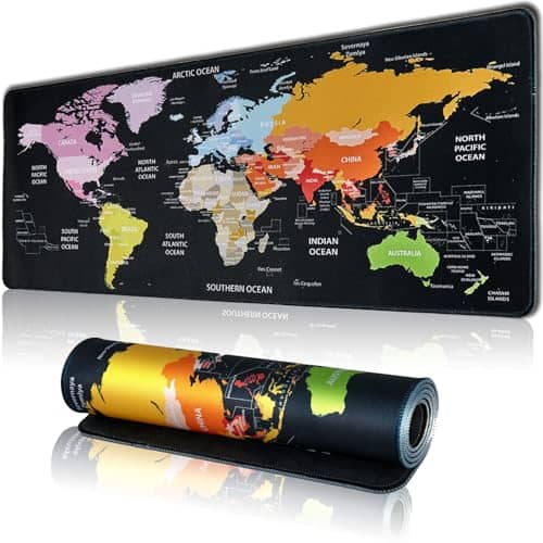 Hopipad World Map Large Gaming Mouse Pad for Desk, Desk Mat with Seamed Edges, Waterproof Desk Pad, Non-Slip Rubber Base, 31.5x11.8 Inch Keyboard Pad Computer Mat, Big XL Mousepad