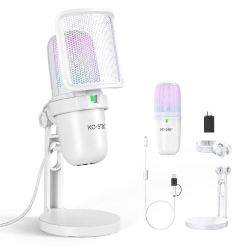 Ko-Star USB Microphone for PC,White Mini Mic for PS4/ PS5/ Mac,Computer Gaming Condenser with Quick Mute,RGB Streaming,Filter,Shock Mount,Recording Microphones for YouTube Titok
