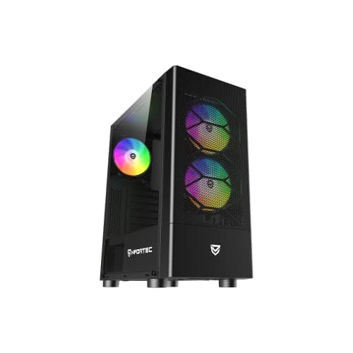 Nfortec - CAELUM Mid-Tower (ATX) Gaming PC Case, 3x 120mm ARGB Fans Included, Front Mesh, Side Tempered Glass, Black