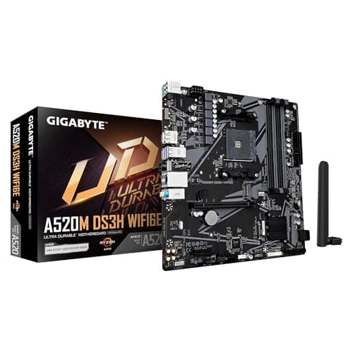 GIGABYTE A520M DS3H WIFI6E Motherboard - Supports AMD Ryzen 5000 Series AM4 CPUs, up to 4733MHz DDR4 (OC), 1xPCIe 3.0 M.2, WIFI 6E, GbE LAN, USB 3.2 Gen 1
