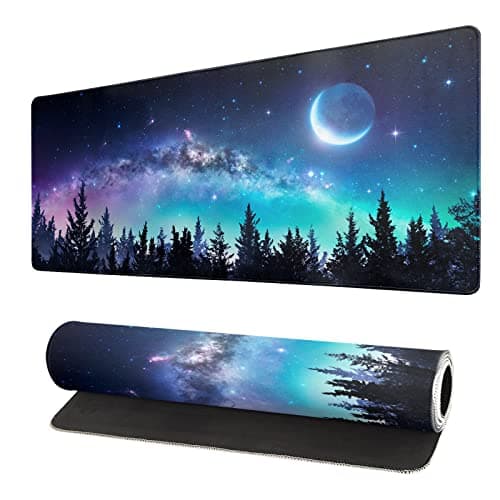 Extended Gaming Mouse Pad, XL Large Keyboard Mouse Mat Desk Pad, Stitched Edges Mousepad, 3mm Thick Long Non-Slip Rubber Base Mice Pad, 31.5 X 11.8 Inch, Forest Moon Galaxy