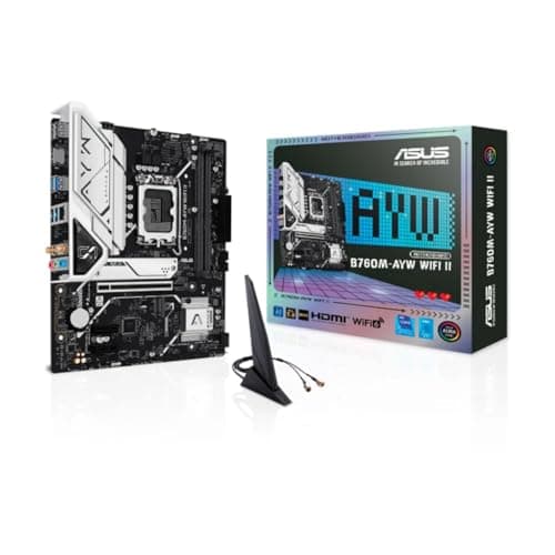 ASUS B760M-AYW WiFi II Motherboard Intel mATX, LGA 1700, DDR5 Slot, PCIe 5.0, Two M.2 Slots, Ethernet Realtek 2.5GB, Wi-Fi 6, HDMI 2.1, SATA 6Gbps, Front USB Ports 5Gbps, Aura
