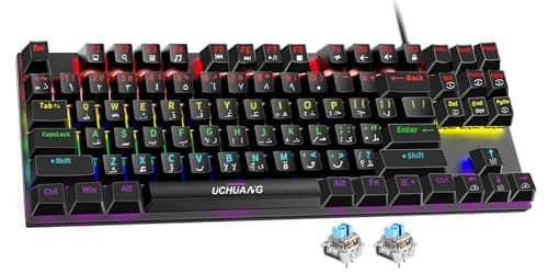 UCHUANG English Arabic Mechanical Gaming Keyboard with RGB LED Rainbow Backlit, Hot Swappable Blue Switch, Quick Response USB Wired 87 Keys Keyboard for Windows/MacOS/Android PC Gamers - Black