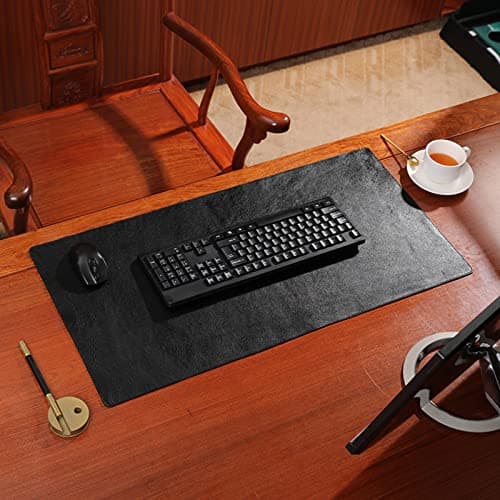 Large Waterproof Genuine Leather Desk Pad Protector with Extended Gaming Mouse Pad Non Slip Office Writing Desk Mat for Computer Home Soft and Durable (Black 50x90cm)