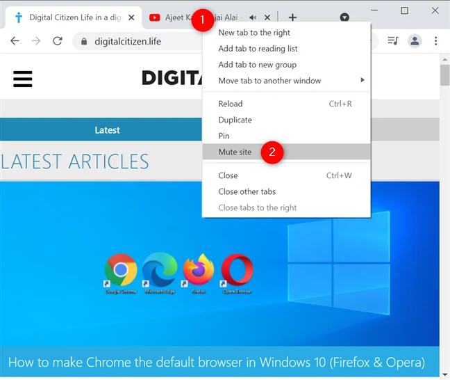 خيار كتم الموقع في قائمة علامة تبويب Chrome.