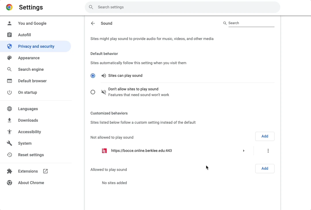 إعدادات الصوت وقائمة المواقع المحظورة في Chrome.