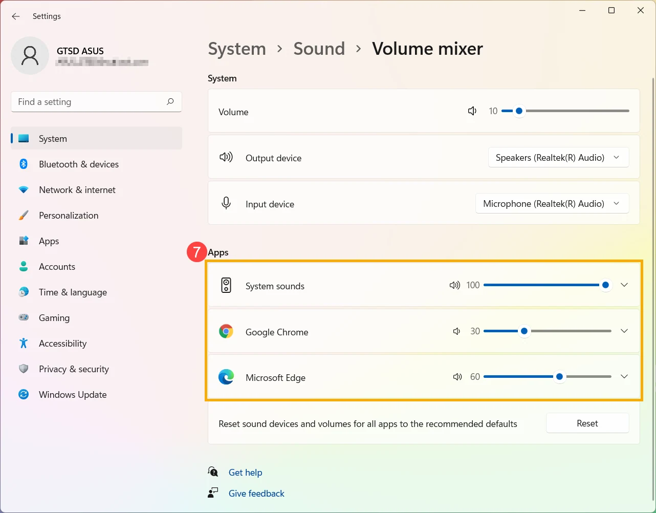 مستوى صوت كل تطبيق ومخرج الصوت في Windows 11.