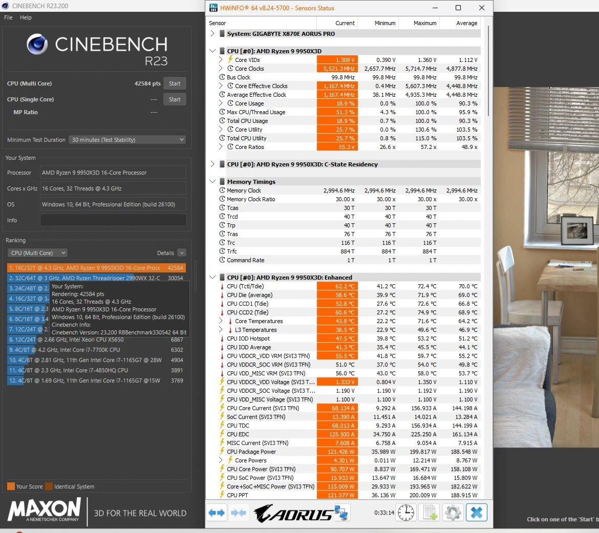 نتيجة Cinebench R23 ومراقبة درجات حرارة 9950X3D.
